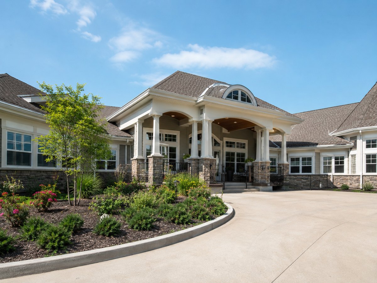 Garden View Home modern senior living exterior with landscaped drive