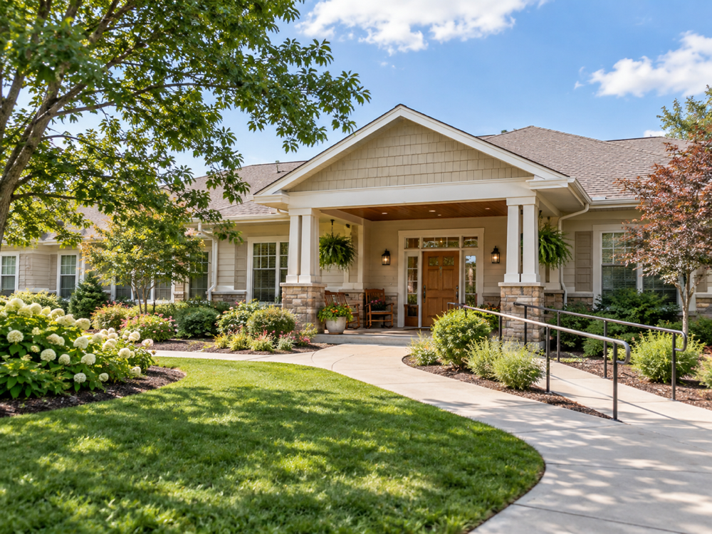 Maple Haven Residence accessible senior living exterior with landscaped walkway