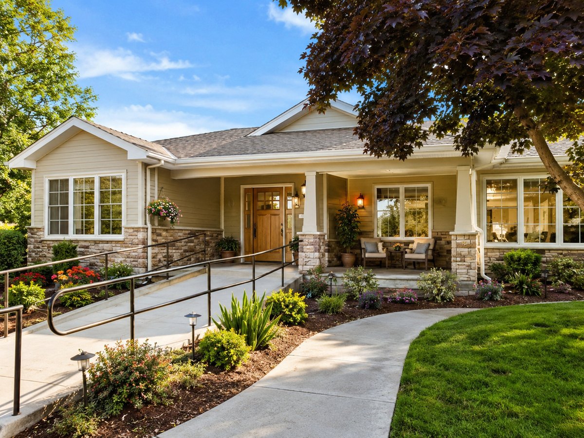 Rosewood Residence accessible front exterior with landscaped walkway
