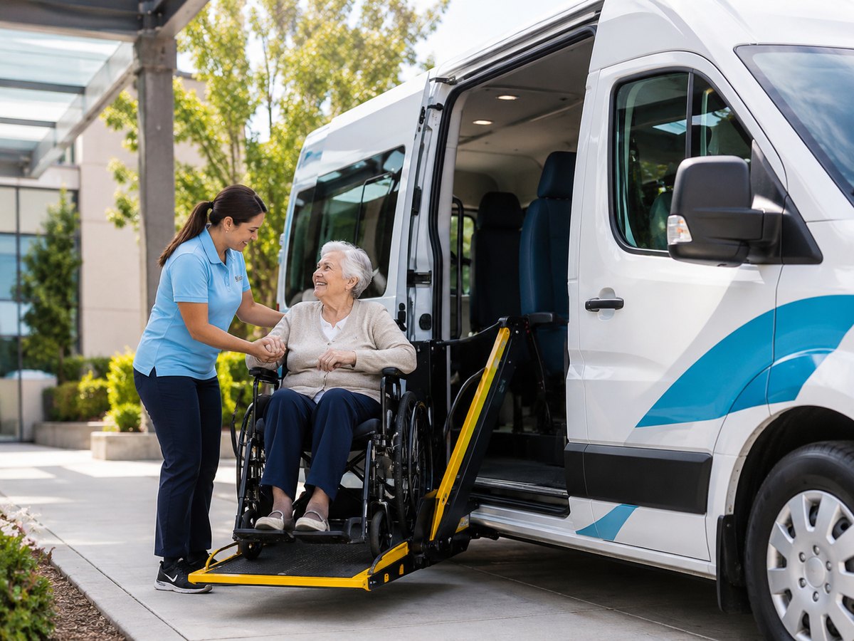 Caregiver assisting an elderly passenger with accessible non-emergency medical transport